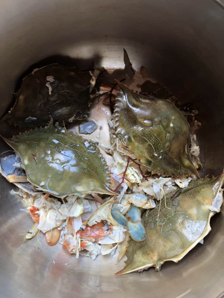 blue crab shells inside a pot to make homemade seafood stock