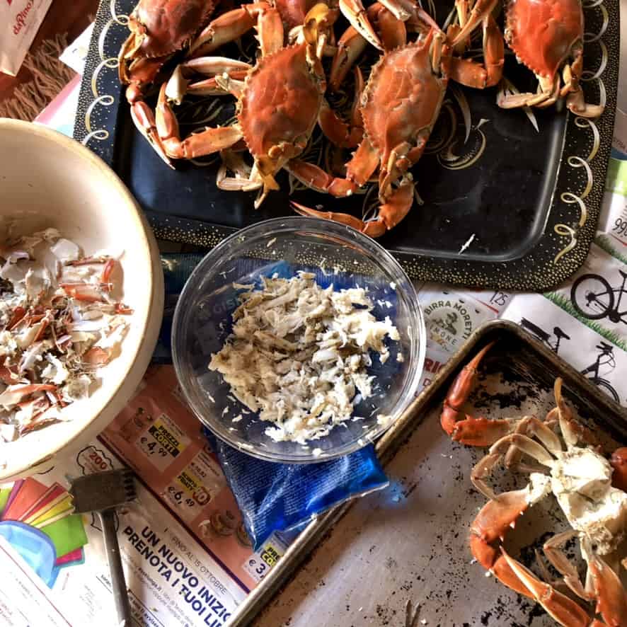 Blue crabs being picked on a table covered with newspaper.