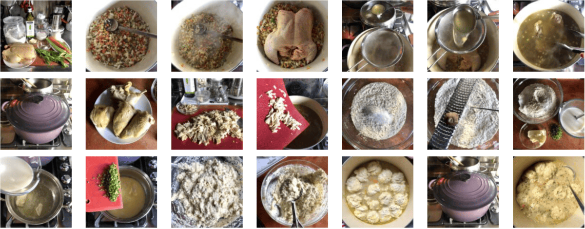 An in-procces collage of photos showing detailed homemade chicken and dumpling step by step recipe photos.