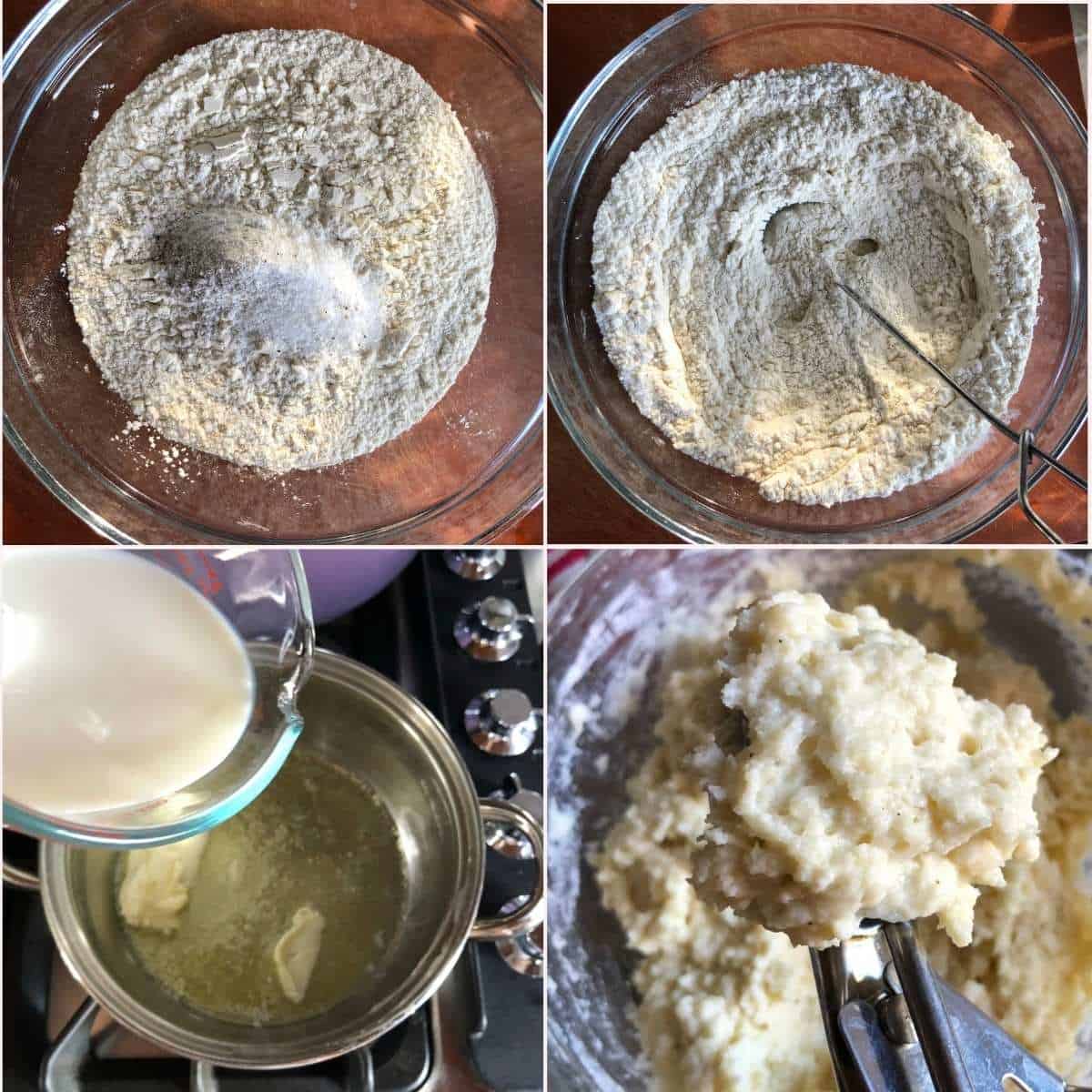 Four step collage showing how to make drop dumplings from scratch by adding dry ingredients to a bowl, whisking flour, baking powder, salt, and pepper together, melting butter into milk in a pot, and scooping the dumpling batter with a portioning scoop.