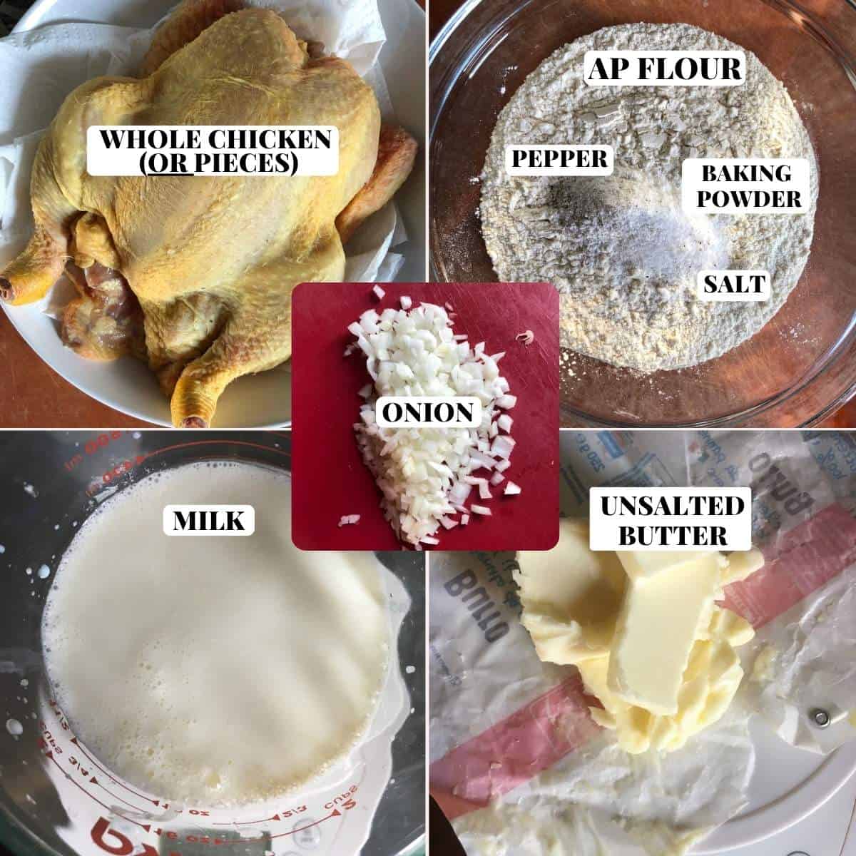 Labeled homemade chicken and dumplings ingredients for an easy recipe from scratch.