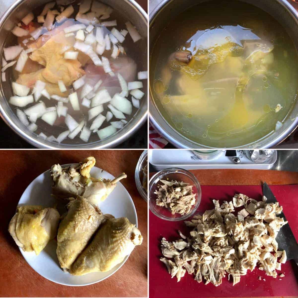 Four step collage showing raw chicken, diced onion, and salt in a pot covered with water, the finished cooked chicken and broth, the chicken removed to cool, and the deboned chicken pulled into bite-sized pieces.