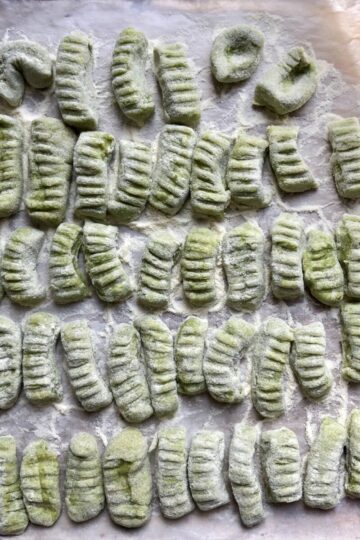 fresh spinach gnocchi just rolled and ridges added using the tines of a fork all on a semolina flour-dusted parchment-lined baking tray.