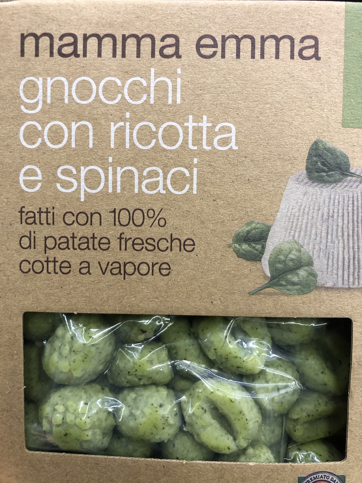 Storebought green gnocchi from our grocery store here in Italy (gnocchi con ricotta e spinaci) or gnocchi with ricotta and spinach.