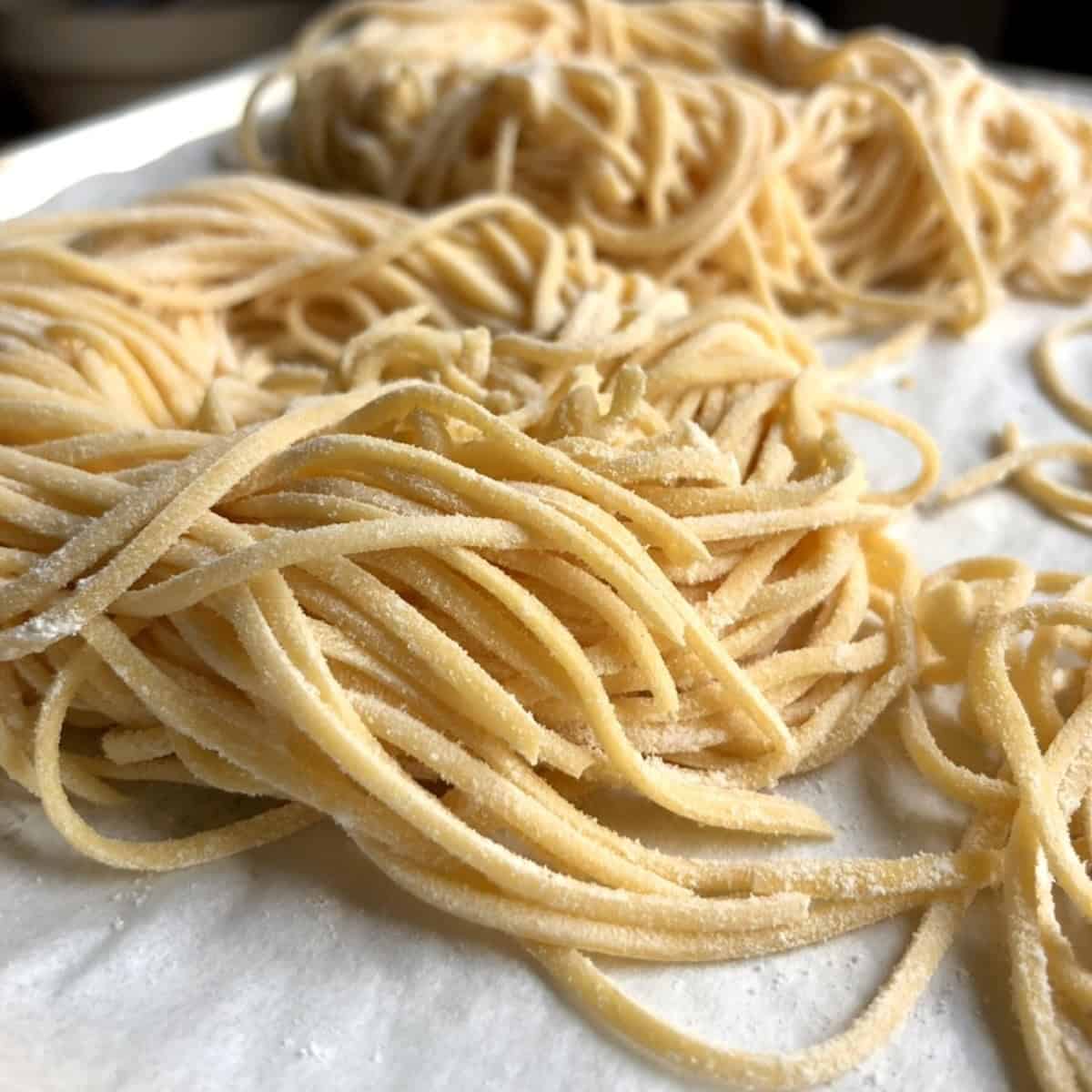 Closeup of freshly cut chitarra pasta nests on a floured baking tray ready to freeze or rest before cooking, spaghetti alla chitarra from scratch.
