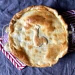 A golden brown turkey pot pie with an extra piece of dough cut into the shape of a turkey baked right in the middle of the pot pie.
