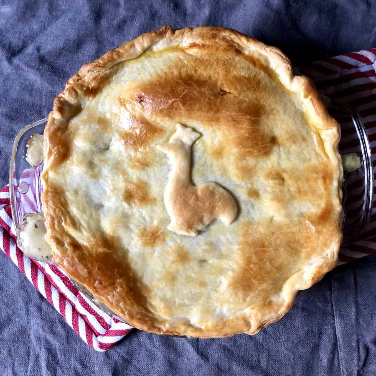 A golden brown turkey pot pie with an extra piece of dough cut into the shape of a turkey baked right in the middle of the pot pie.