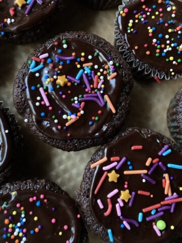 Devil's food cake cupcakes with chocolate ganache icing and sprinkles - the cake is so moist it's glistening.