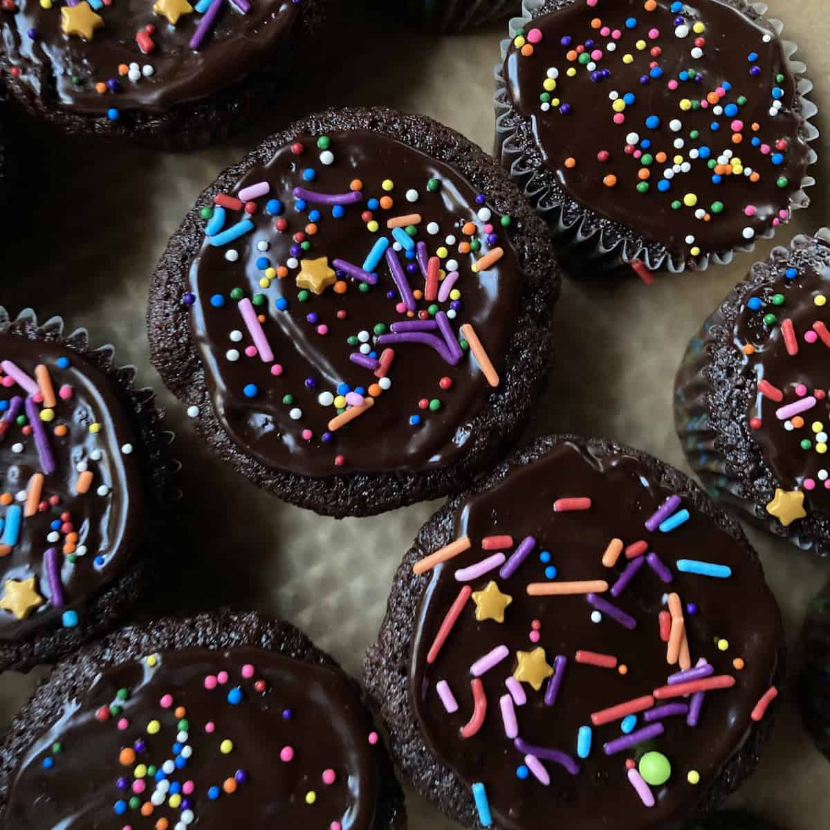 Devil's food cake cupcakes with chocolate ganache icing and sprinkles - the cake is so moist it's glistening.