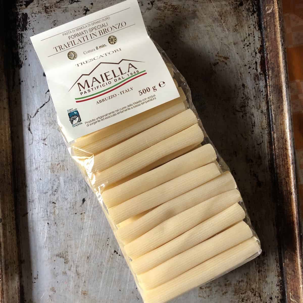 A package of artisanal tresactore pasta (long tube shaped pasta) from Maiella pasta makers in Abruzzo, Italy.