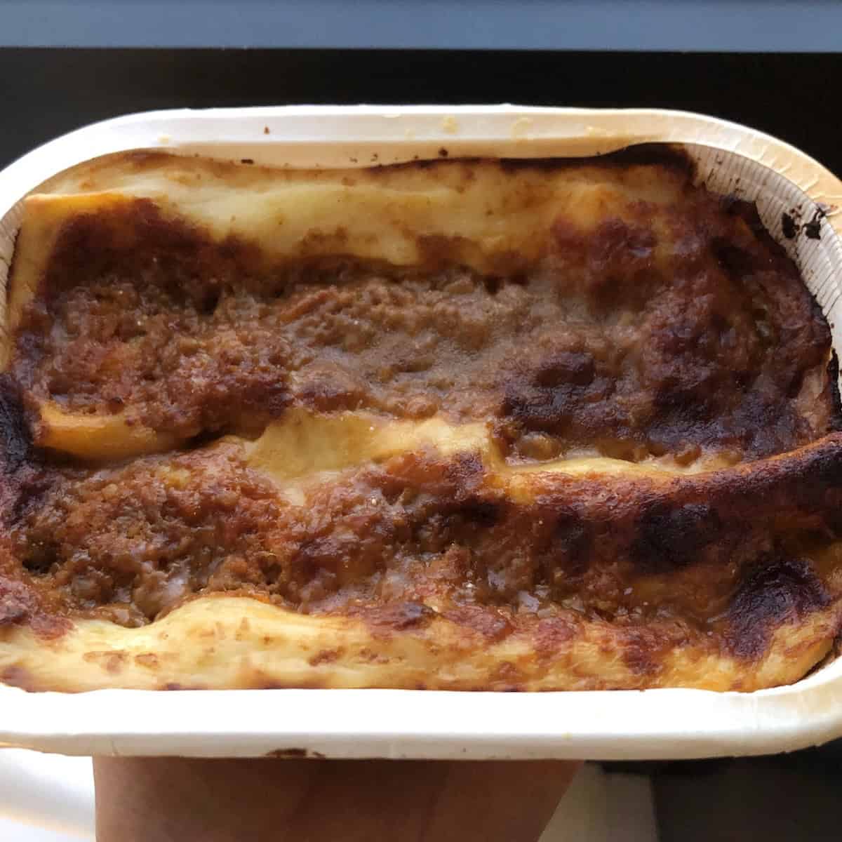 A hot and ready-to-eat lasagna bolognese for two people that we bought from Esselunge grocery store in Bologna, Italy to test. 
