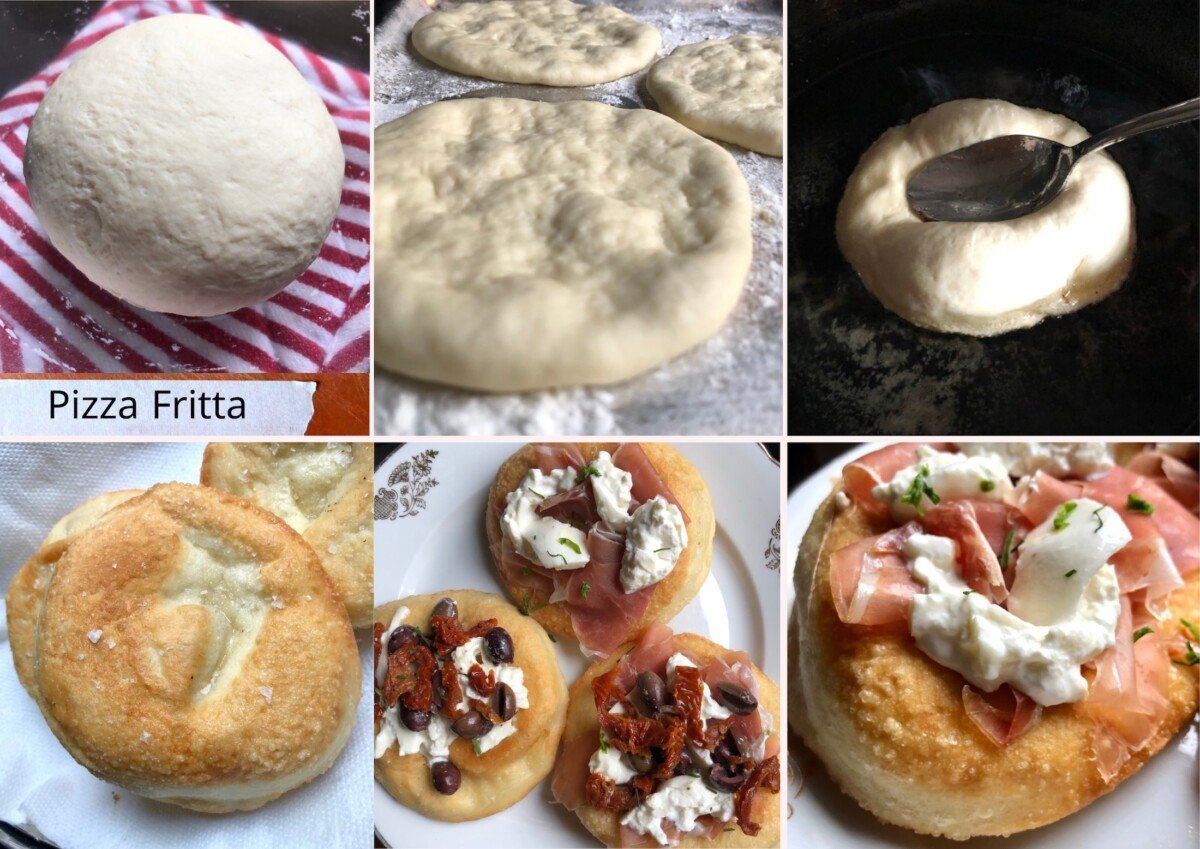 6-Photo collage of authentic Italian fried pizza (pizza fritta) process showing preparation steps including the 00 flour dough, frying process, golden-brown crispy light as air texture, and traditional toppings including buffalo mozzarella, prosciutto di parma, basil, olives, and extra virgin olive oil.