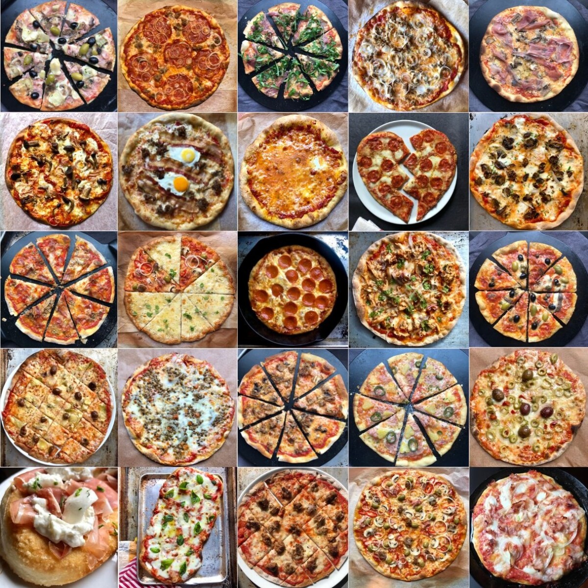 Collection of 25 homemade pizza varieties including vegetarian options, meat-vegetable combinations, hawaiian, prosciutto-arugula, marinara, margherita, mushroom, various cheese pizzas, olive, breakfast pizza, capricciosa, zucchini and ham, pepperoni, quattro formaggi, BBQ chicken pizza, and more on different kinds of homemade pizza dough including neapolitan, whole wheat, bread flour, 00 flour, St. Louis Style, pizza fritta, and pinsa Romana.