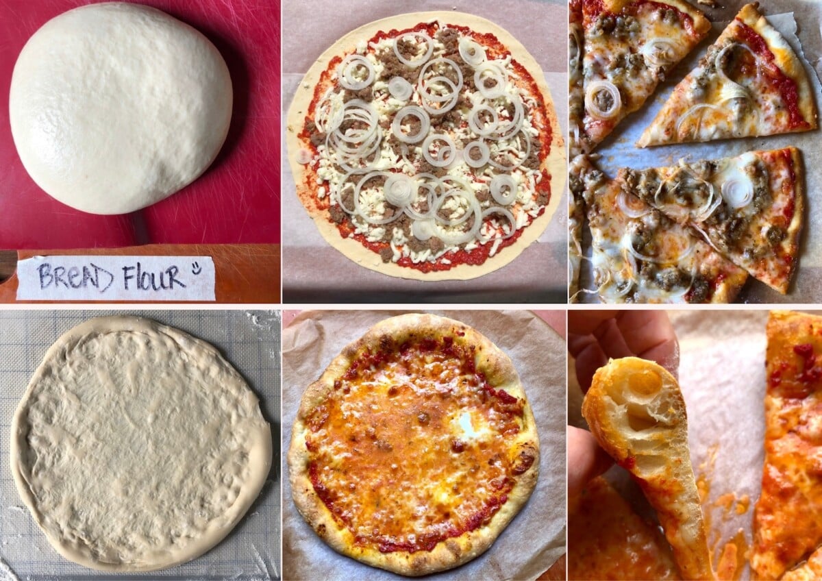 Six-photo collage showing the complete bread flour pizza-making process: from risen dough ball to thin crust sausage-onion pizza (both raw and baked), hand-tossed thick crust dough, finished airy cheese pizza, and close-up of light, digestible cornichone texture.