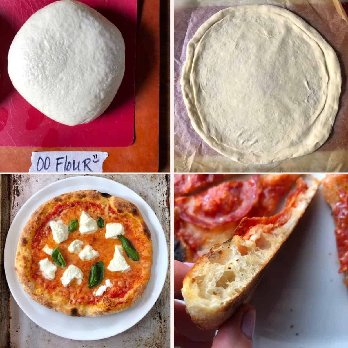 Thick crust pizza dough recipes with yeast compilation showing 00 flour dough ball, homemade thick crust pizza dough formed ready to top, baked margherita, and slice revealing homemade pizza dough thick crust interior.