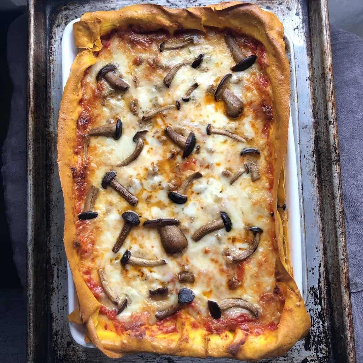 Homemade pumpkin lasagna made using fresh pumpkin lasagna noodles, layered with tomato pasta sauce, cooked seasoned sausage, chopped sauteed pioppini and champignon mushrooms, homemade porcini bechamel sauce, mozzarella and grana padano cheese with crispy pumpkin-colored lasagna noodle edges.