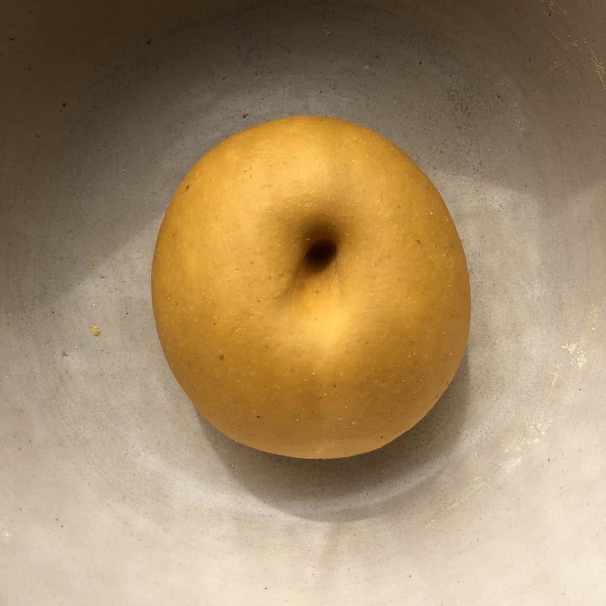 Testing rested pumpkin pasta dough with finger press showing dough ready to roll for homemade pumpkin pasta.
