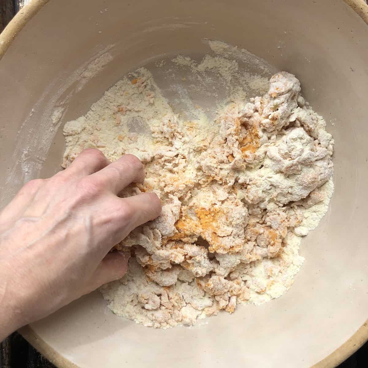 How to make pumpkin pasta dough by using my hands to bring the flour and pumpkin puree mixture together finally by hand to form a shaggy dough ball. 
