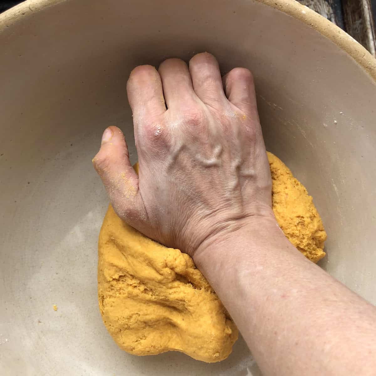 Hand kneading the pumpkin pasta dough.
