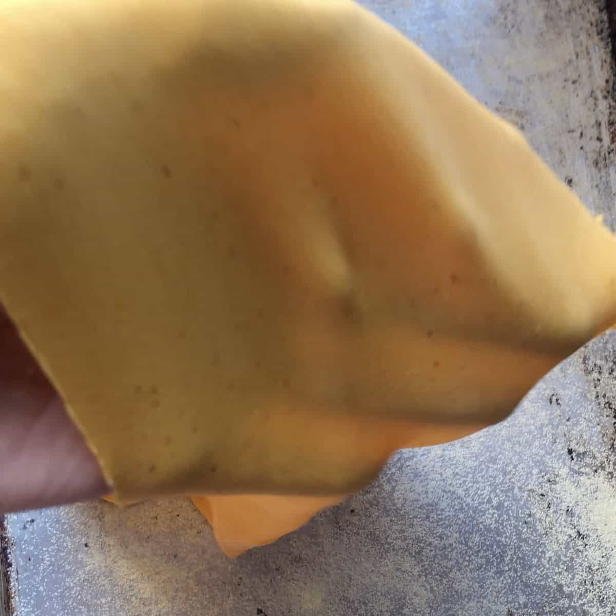 How to make pumpkin pasta dough rolled thin showing proper pasta thickness with hand shadow visible through fresh homemade pumpkin pasta for pumpkin pasta recipe.