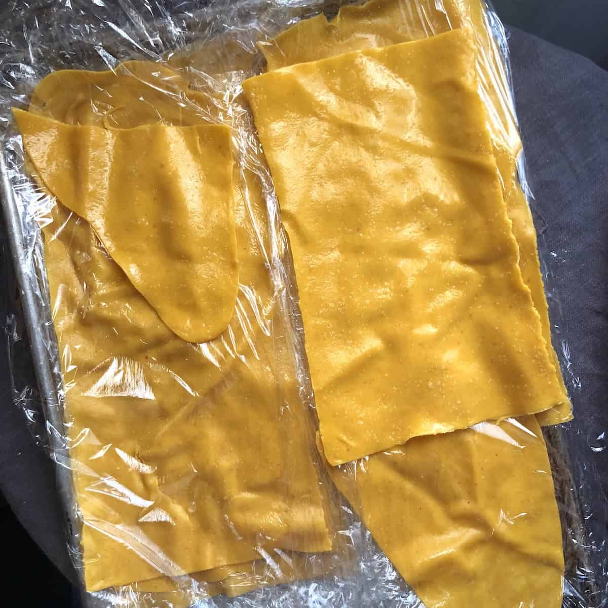 Homemade pumpkin lasagna noodles fresh pasta sheets layered between plastic wrap for pumpkin lasagna recipe with sausage and mushrooms.