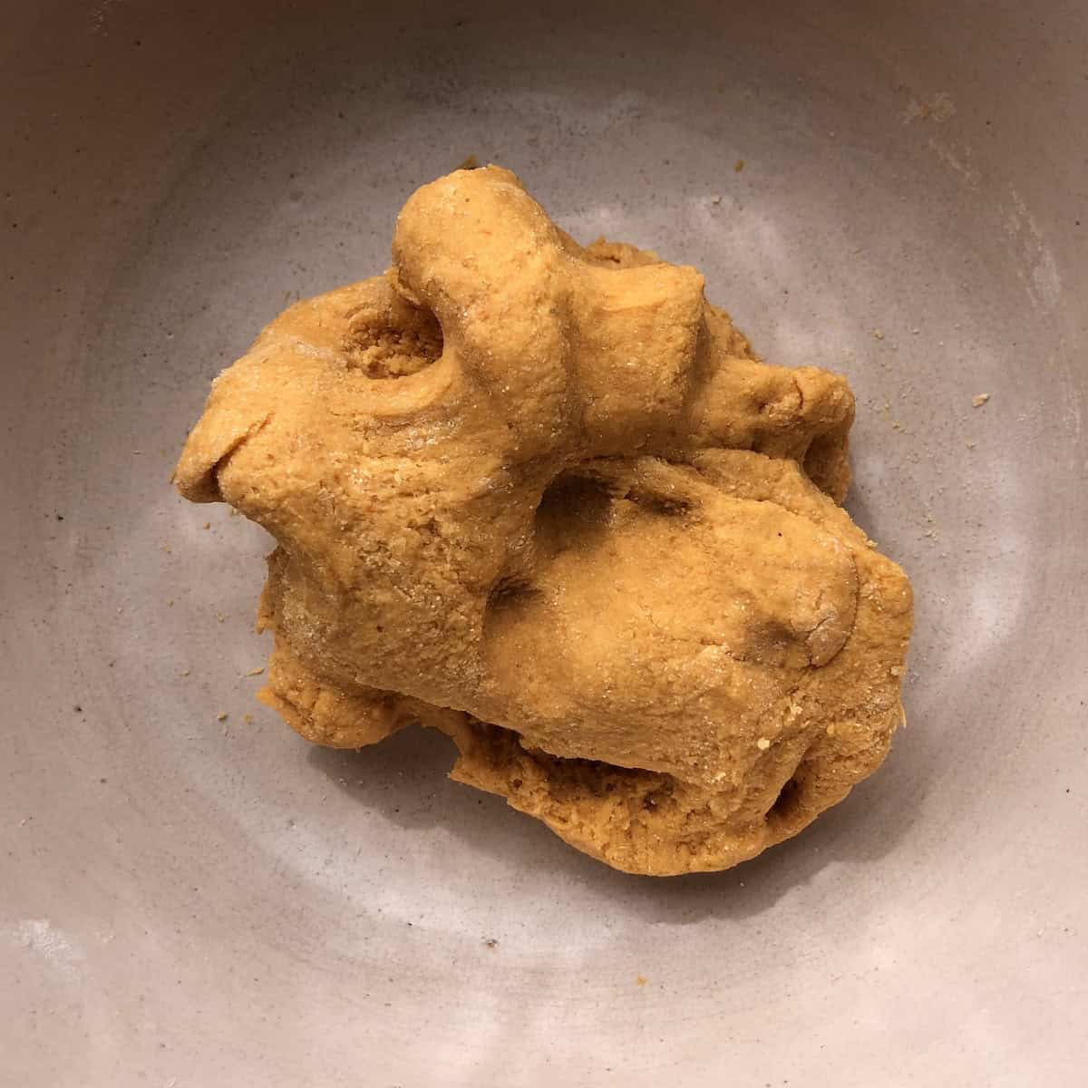 Fresh pumpkin pasta dough mixture brought together into a shaggy mass by hand before sprinkling a work surface with flour and kneading or onto the dough itself and kneading it inside the mixing bowl)