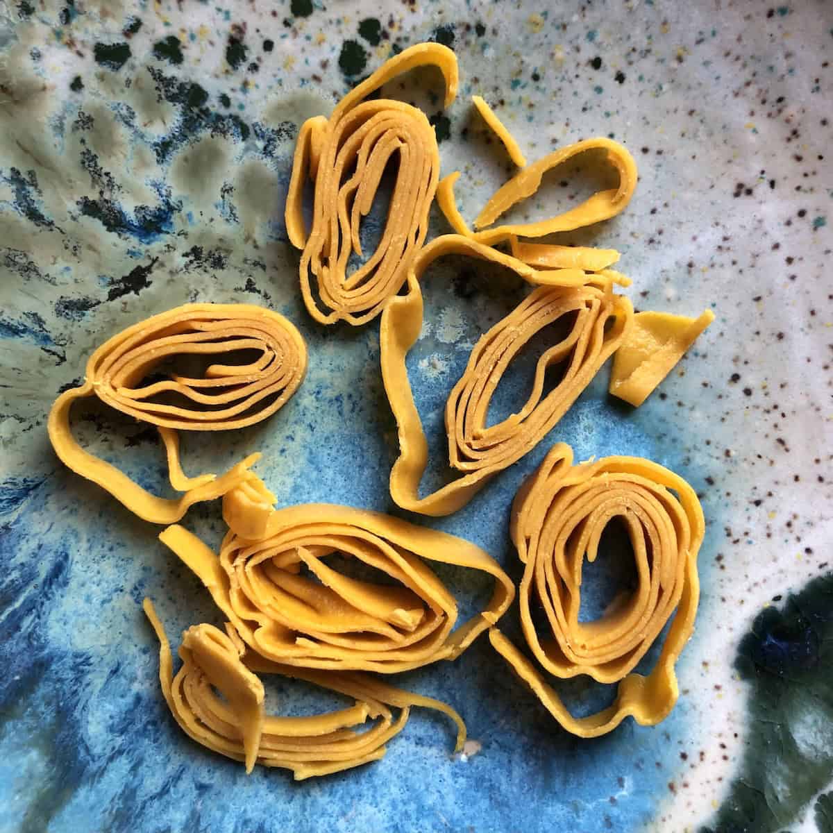 Leftover pumpkin pasta dough rolled and cut into pumpkin tagliatelle and pumpkin fettuccine.