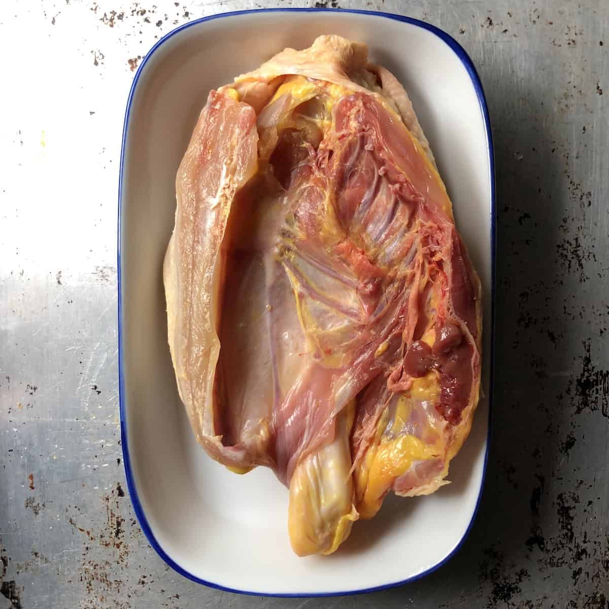 Half of an Italian gallina chicken (old hen) underside up revealing chicken bones and darker colored meat for making rich homemade brodo chicken stock recipe using the Italian method.