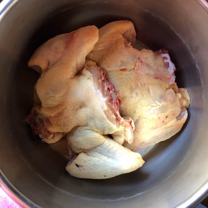Two raw chicken backs with wings and necks attached for making homemade chicken stock recipe with collagen rich bones for best broth.