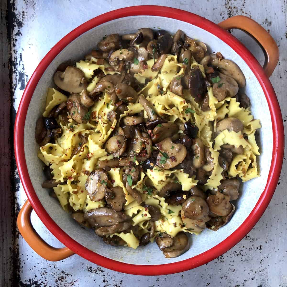 Finished mushroom pasta sauce in the pan ready for tagliatelle to be added, an authentic Italian pasta ai funghi made without cream.
