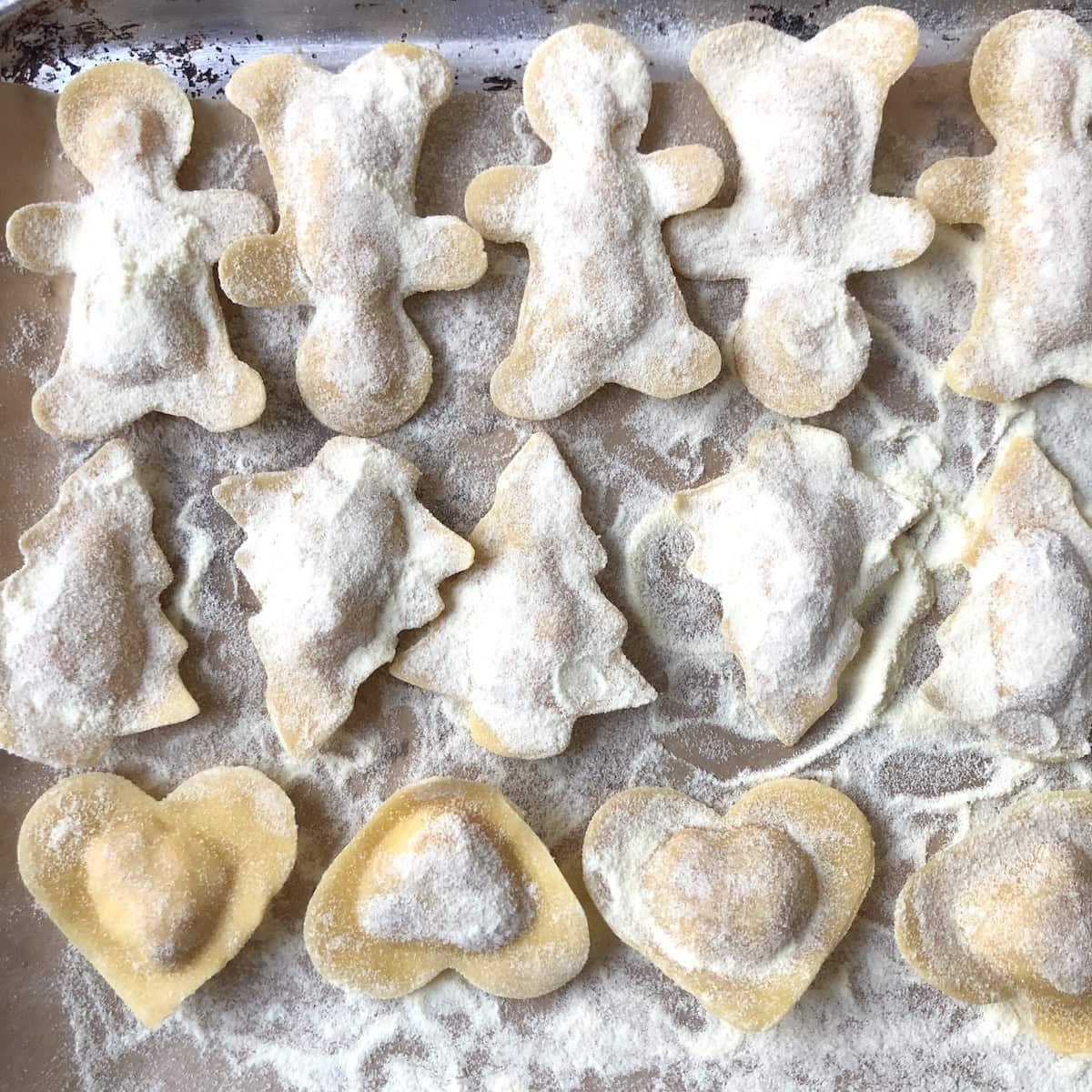Gingerbread men, Christmas tree, and heart shaped lobster ravioli for special occasion holiday ravioli shapes.