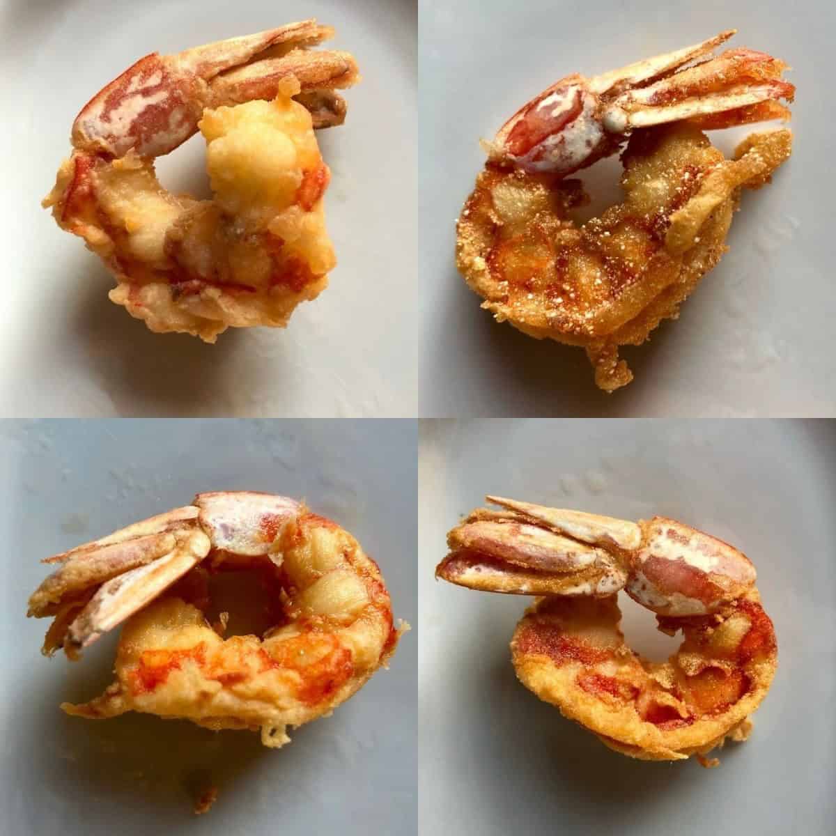 Featherlight fried shrimp 4 ways showing labeled examples using four different coatings: twice milled semolina, white cornmeal, bread flour, and rice flour, comparing the crispy golden results of each. A must-try lenten fried shrimp recipe.