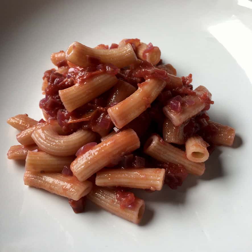 Fresh San Marzano tomato and purple carrot pasta sauce tossed with maccheroni in a pasta bowl, showing the vibrant deep red homemade sauce coating each noodle. A simple meatless lenten pasta recipe.