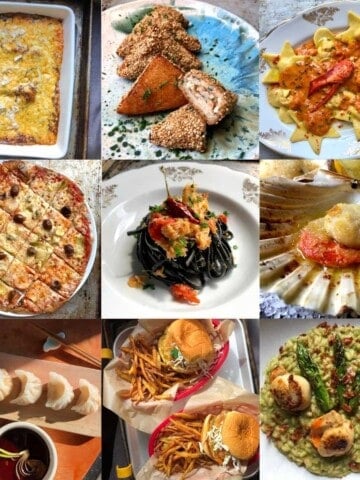 A 9-photo collage of lenten recipes including cheese enchiladas, lobster ravioli with tomato cream sauce, har gow shrimp dumplings, shrimp toast, crab linguine pasta, crispy Teochew shrimp burgers, asparagus risotto with pan-seared scallops, Italian scallops au gratin, and St. Louis style whole wheat pizza for meatless Friday dinners during Lent.