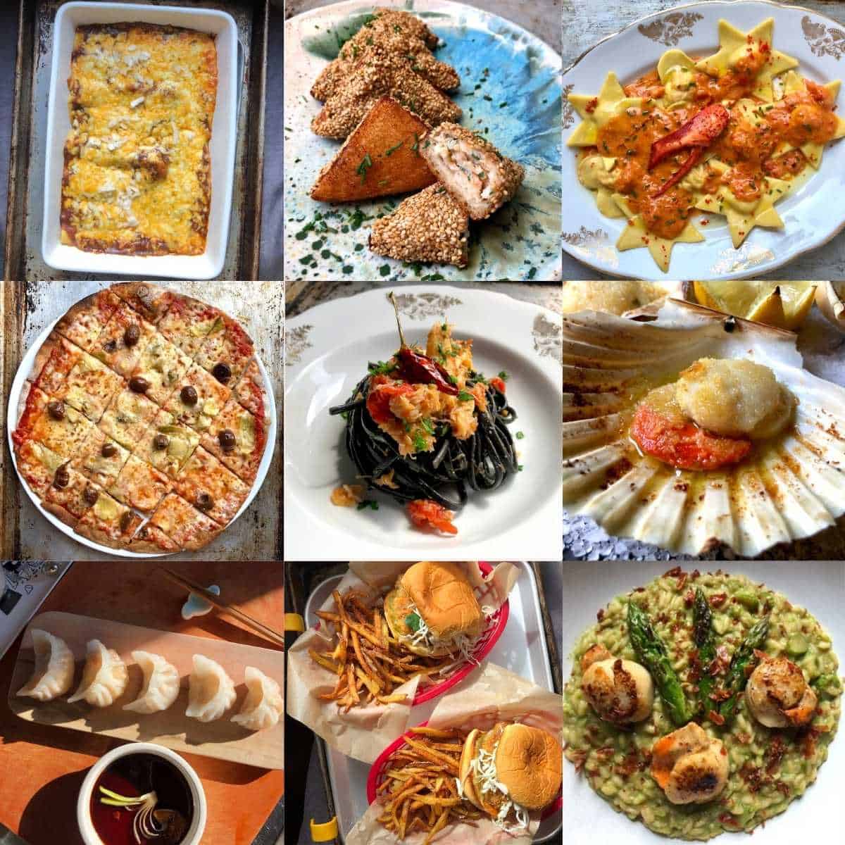 A 9-photo collage of lenten recipes including cheese enchiladas, lobster ravioli with tomato cream sauce, har gow shrimp dumplings, shrimp toast, crab linguine pasta, crispy Teochew shrimp burgers, asparagus risotto with pan-seared scallops, Italian scallops au gratin, and St. Louis style whole wheat pizza for meatless Friday dinners during Lent.