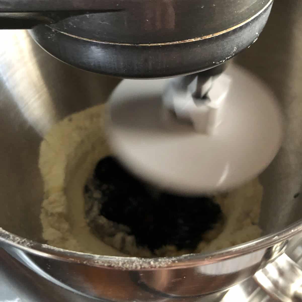 Semolina (twice milled) flour, eggs, and squid ink combining the ingredients in a KitchenAid stand mixer for homemade black pasta dough with a little rougher texture.
