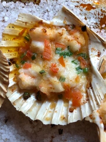 Golden broiled shrimp gratin served in a natural scallop shell, bubbly and caramelized on top. A quick and elegant lenten seafood appetizer or dinner.