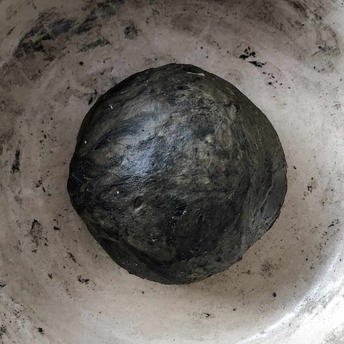 Squid ink pasta dough ball with streaked marbled brown white and black showing cuttlefish ink not fully incorporated yet, homemade nero di seppia pasta dough before kneading for this black pasta recipe.
