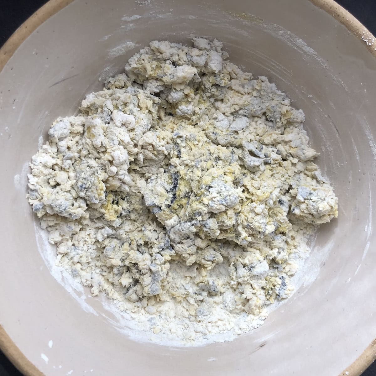 Squid ink pasta dough in shaggy stage with black cuttlefish ink and eggs mixed into flour ready to form into a ball, how to make homemade black pasta recipe showing the dough coming together for nero di seppia.
