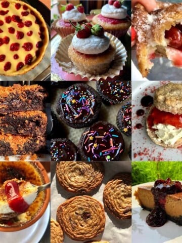 Valentine's Day desserts recipes 9-photo compilation featuring Biscoff brownies, strawberry cheesecake, salted caramel cheesecake, fried cherry pies, devil's food cake cupcakes with chocolate ganache, strawberry scones, pan-banging chocolate chip cookies, strawberry cupcakes, and white chocolate vanilla bean crème brûlée cheesecake for romantic desserts for two or Valentine's Day dessert ideas.