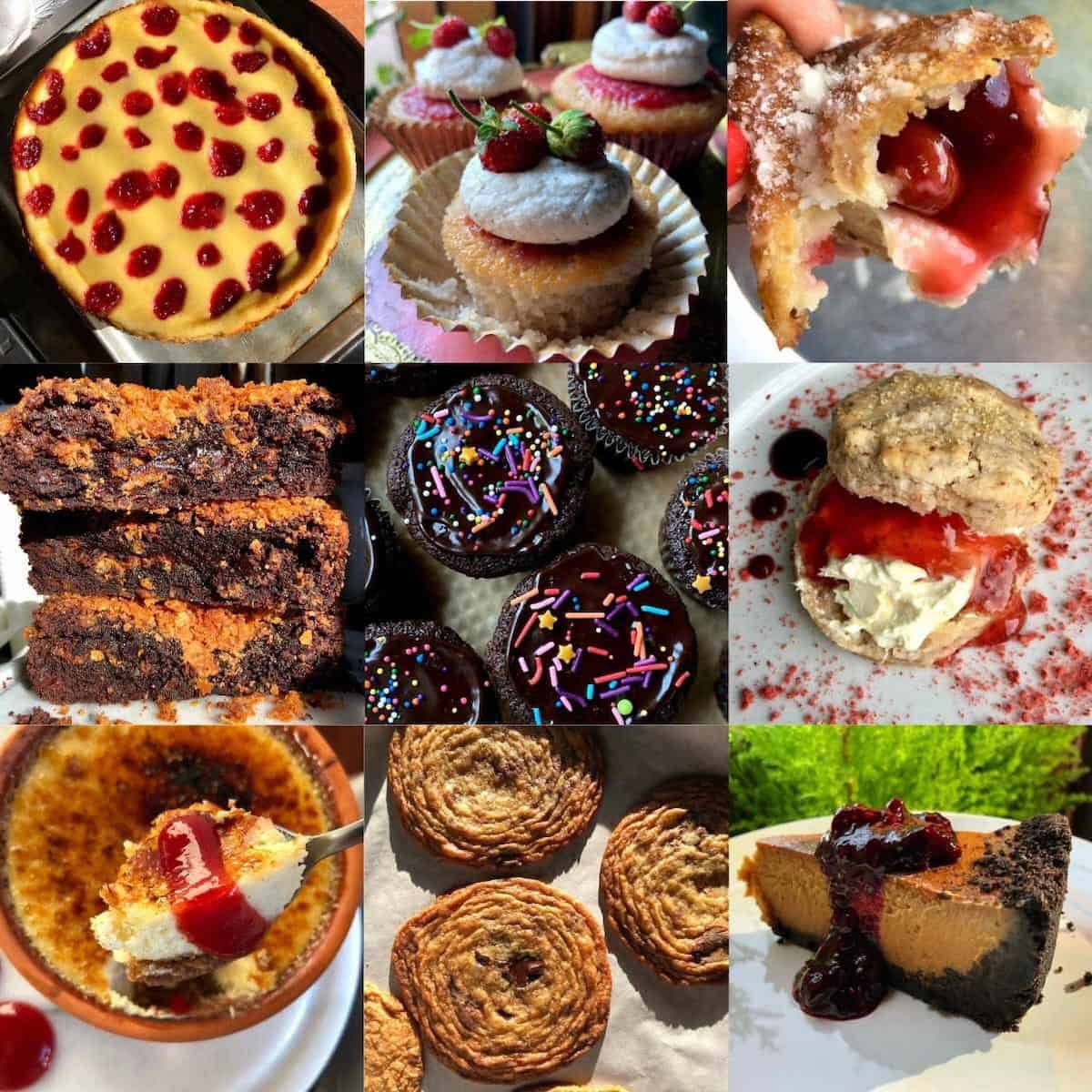 Valentine's Day desserts recipes 9-photo compilation featuring Biscoff brownies, strawberry cheesecake, salted caramel cheesecake, fried cherry pies, devil's food cake cupcakes with chocolate ganache, strawberry scones, pan-banging chocolate chip cookies, strawberry cupcakes, and white chocolate vanilla bean crème brûlée cheesecake for romantic desserts for two or Valentine's Day dessert ideas.