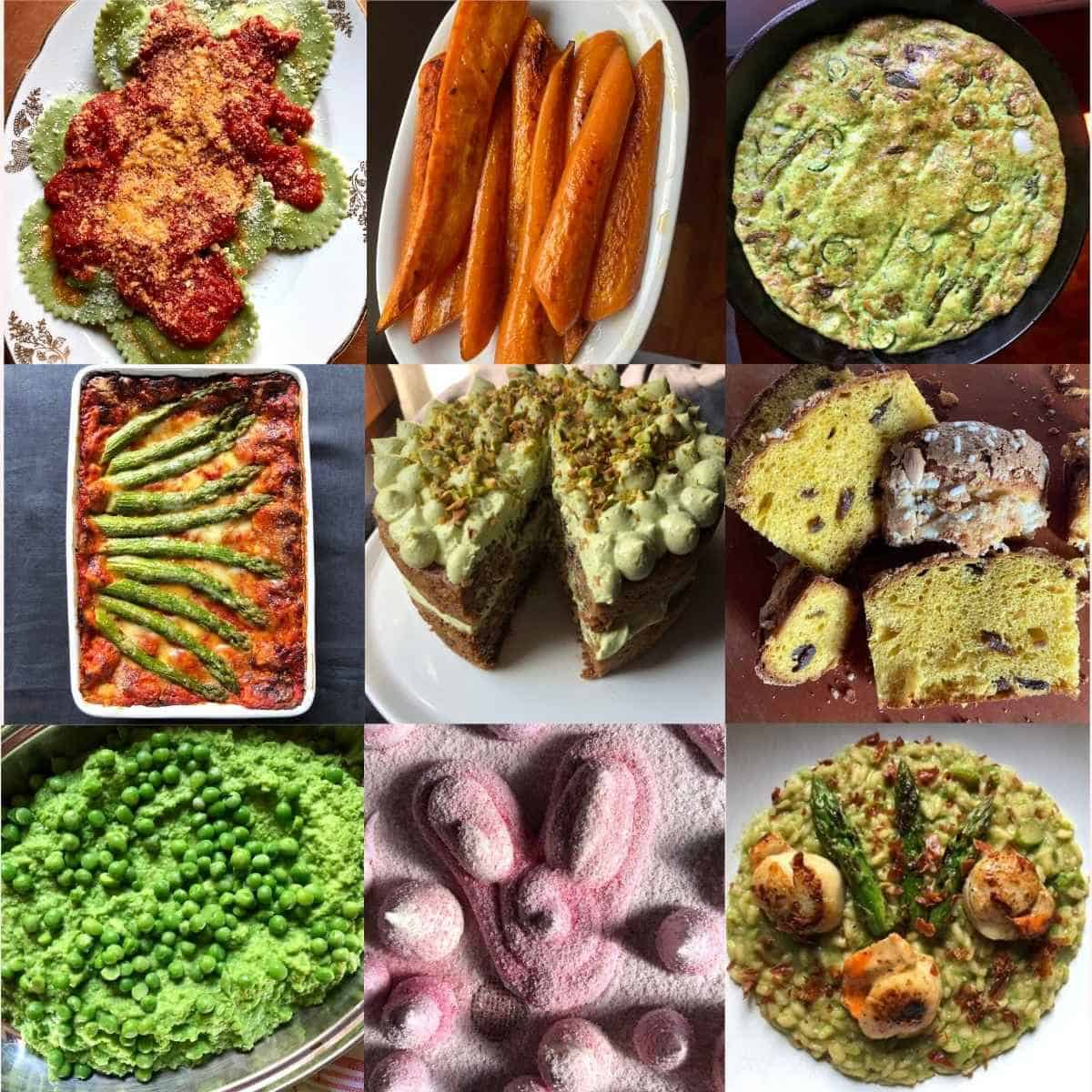 Best easter recipes collage featuring homemade spinach ravioli, easter dinner ideas like asparagus lasagna and sauteed carrots, easter desserts including carrot cake and colomba pasquale italian easter bread, easter brunch asparagus frittata, asparagus risotto with scallops, mushy peas easter side dish, and homemade peeps without corn syrup.