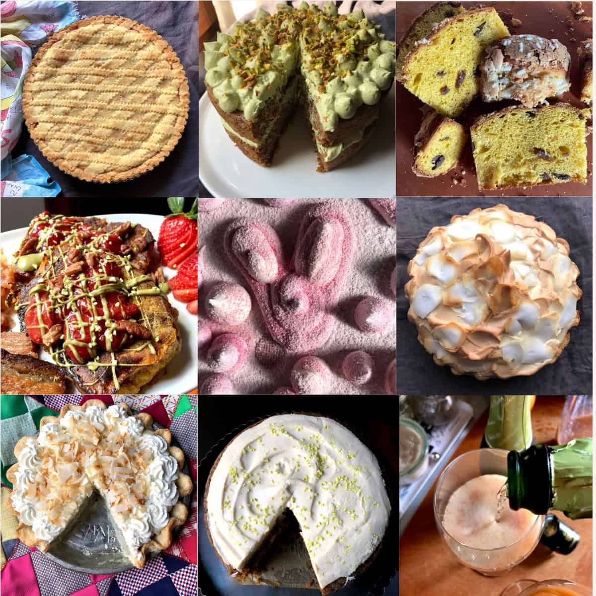 Easter desserts collage with carrot cake recipes, triple coconut cream pie with meringue, black sesame coconut cream pie, homemade peeps without corn syrup, strawberry cheesecake crostata, colomba pasquale french toast easter brunch recipe, italian easter bread, and rainbow bellini cocktail.

