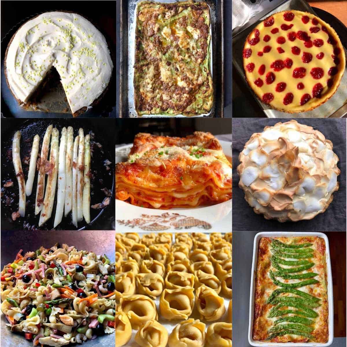 Easter meal collage featuring easter salads and traditional easter dinner menu recipes including authentic lasagna bolognese, ham and asparagus lasagna, ham and mozzarella lasagna, white asparagus with crispy ham, homemade tortellini in brodo, coconut meringue pie, strawberry cheesecake with biscoff crust, and mediterranean pasta salad make ahead easter side dish.
