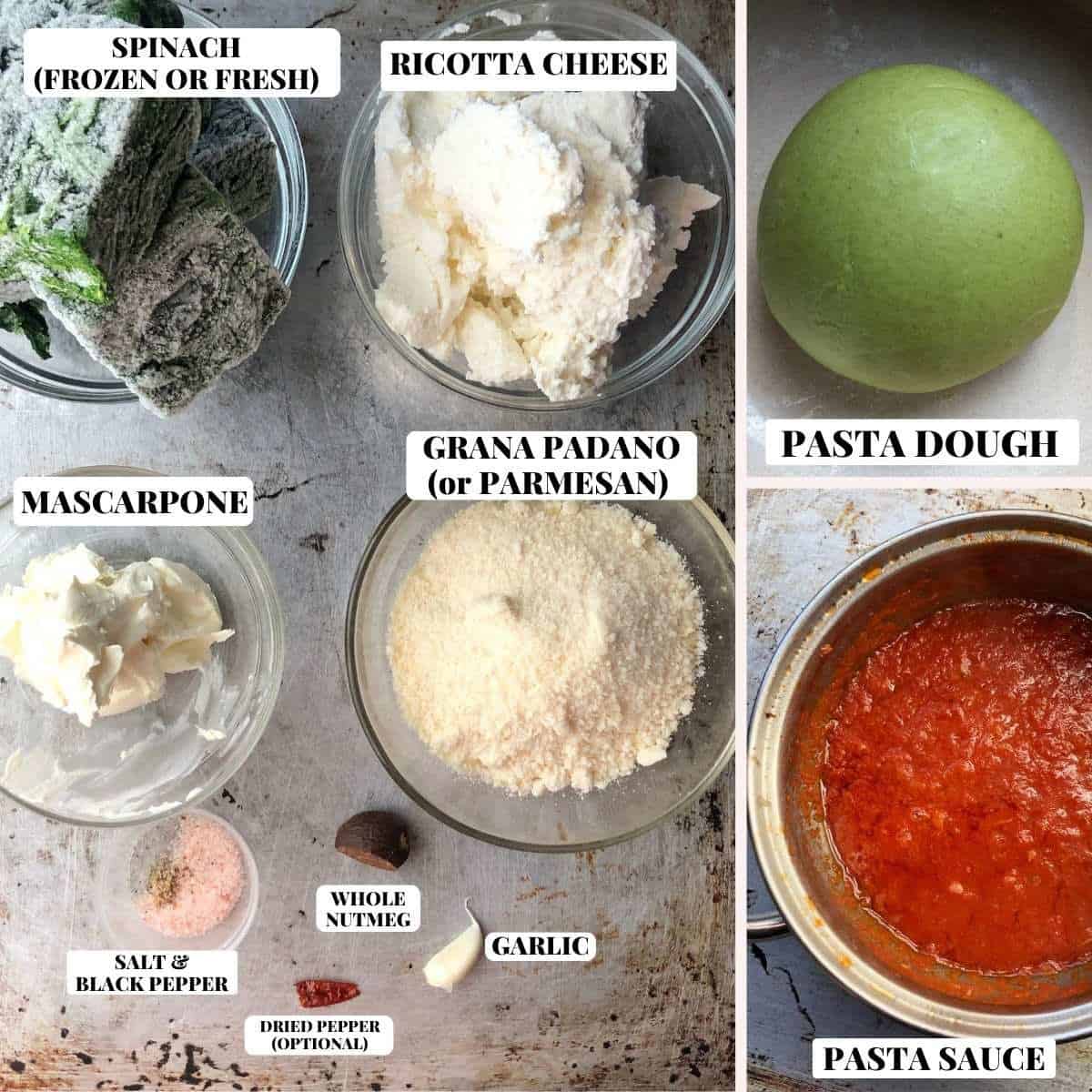 Labeled ingredients for a spinach and ricotta ravioli filling on a baking tray: fresh spinach, ricotta, mascarpone, aged Grana Padano DOP, garlic, whole nutmeg, salt, black pepper, dried chili, and a pot of tomato sauce and a ball of homemade dough.