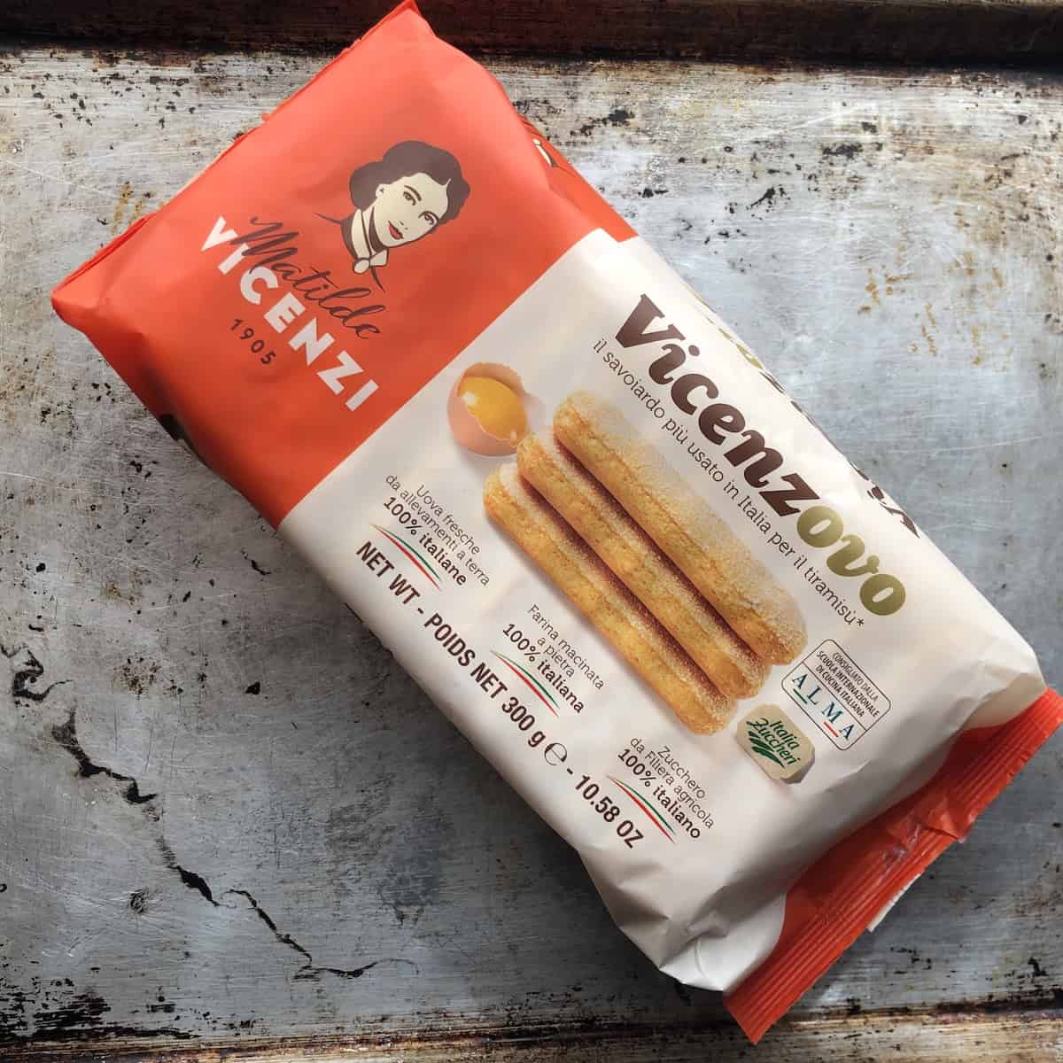 Vicenzovo Matilde Vicenzi 1905 ladyfingers package on a sheet tray, famous Italian savoiardi brand for tiramisu.

