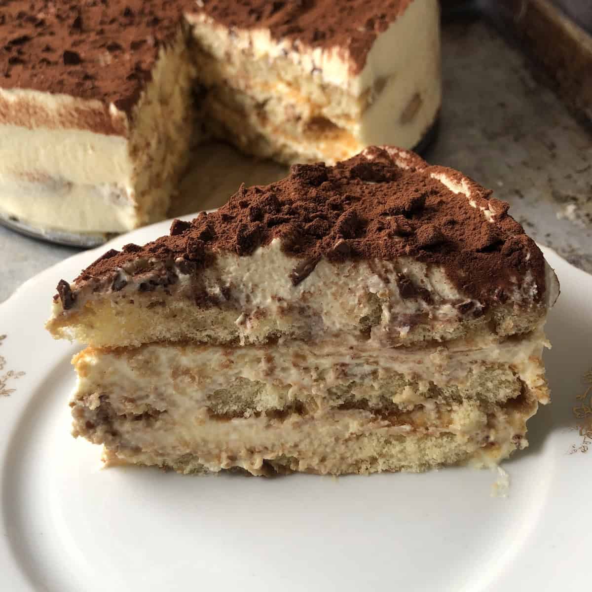 Perfect slice of unctuous tiramisu, creamy and easy to spoon or slice with clean layers.