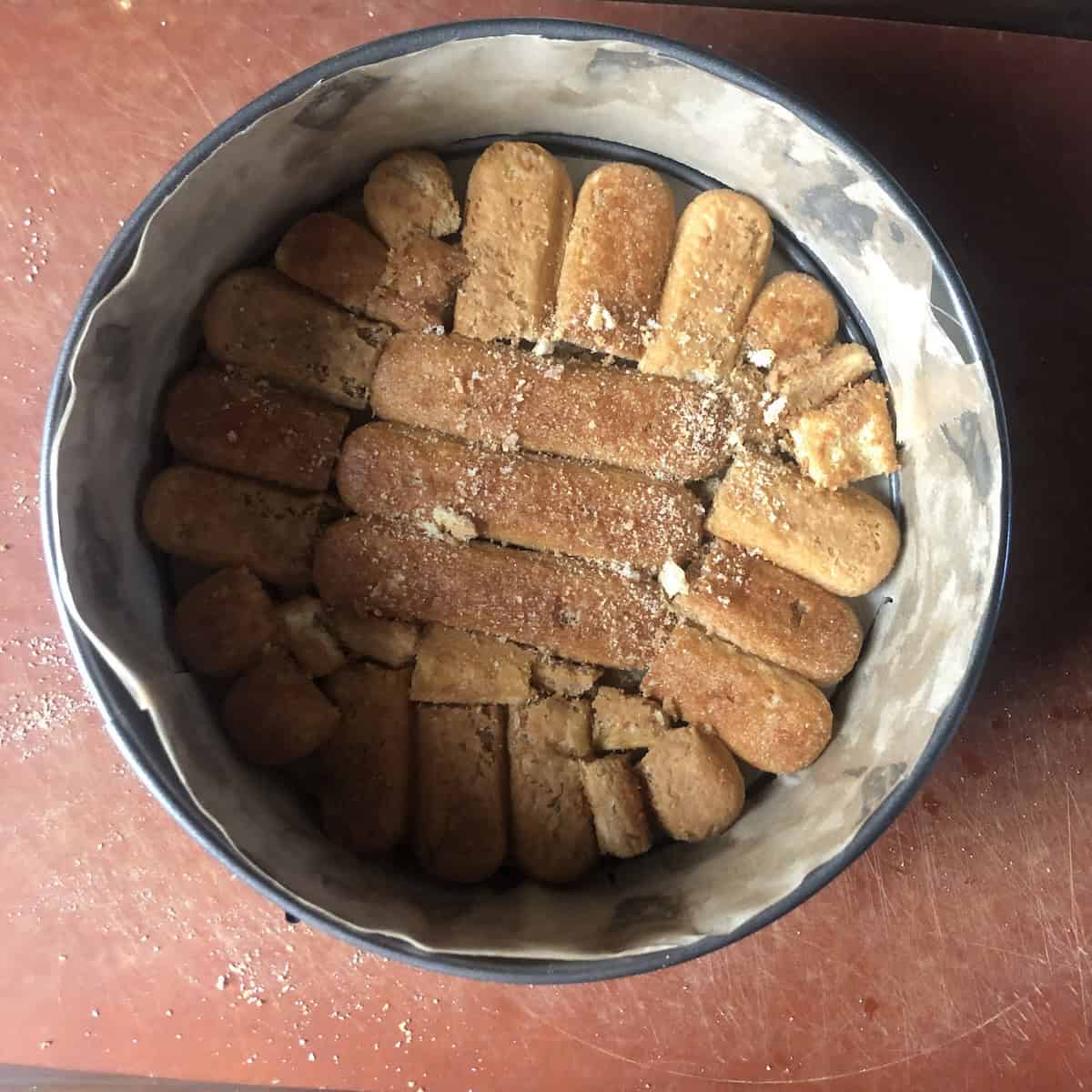 Strategically cut and espresso dipped savoiardi layered into a 9-inch springform pan for the first tiramisu layer
