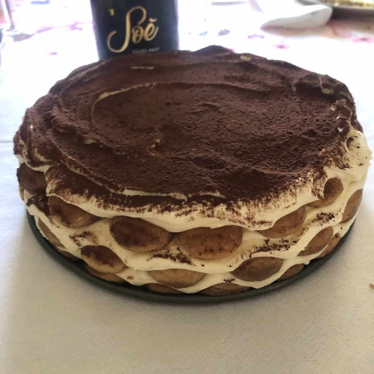 Tiramisu in a 9-inch springform cake pan with three layers and ladyfingers arranged around the perimeter showing rounded edges like a flower, classic tiramisu recipe.
