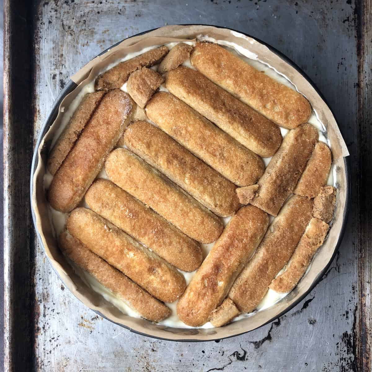 Second layer of soaked savoiardi ladyfingers laid in single file in the springform pan with cut pieces to fit for the clean sides tiramisu method.
